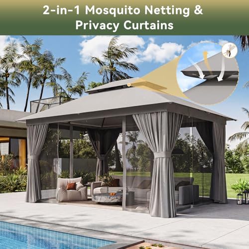 12'x10' Gazebo with Light, Outdoor Gazebo with Double Roofs