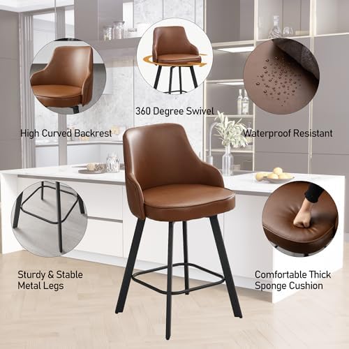Counter Height Bar Stools Set of 2 with Back, 26" Faux Leather Swivel Chair