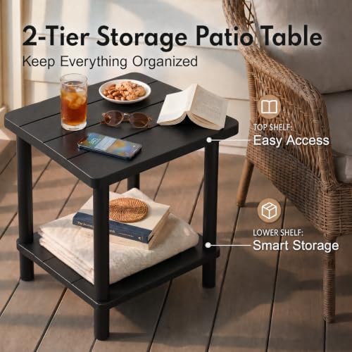 PASAMIC Outdoor Side Table, 2-Tier Square Patio Table for Indoor or Outside, Bamboo Outdoor Tables for Porch, Patio, Balcony, Backyard, Weather Resistant Adirondack End Tables, Low-Maintenance, Black
