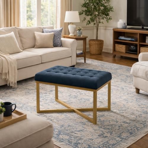 Homepop Home Decor | Upholstered Tufted Velvet Ottoman Bench | Ottoman Bench for Living Room & Bedroom, Blue, 24 x 16 x 17-1/2 inches high