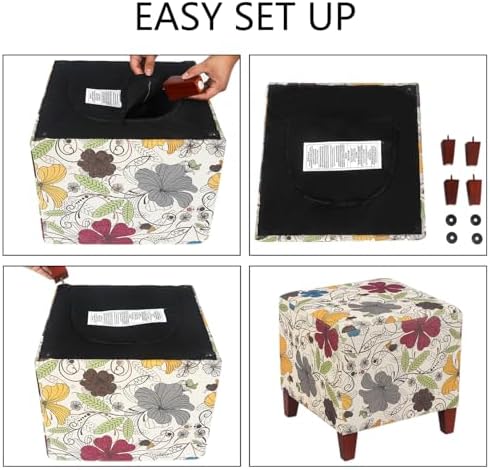 Adeco Floral Printed Linen Ottoman, 16.3" Upholstered Cube Foot Stool with Wood Legs, Small Accent Footrest for Living Room, Bedroom Vanity, and Under Desk - Burnt Orange & Blue