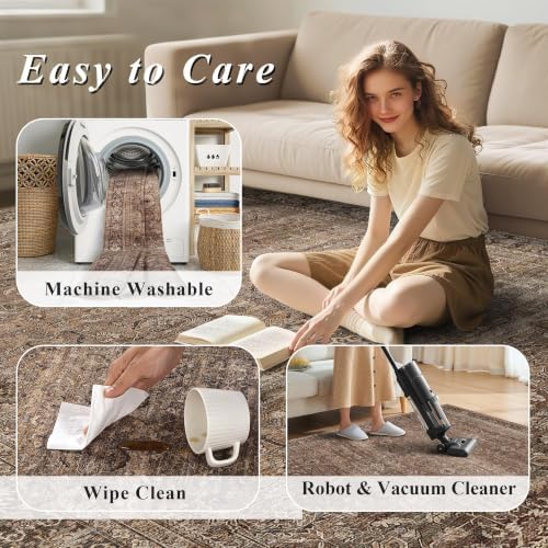 Schweek 8x10 Brown Area Rugs Washable Vintage Large Rug for Living Room