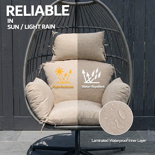 Egg Chair Cushion with 8 Securing Straps, Water-Repellent & Fade-Resistant Faux Linen, Removable Cover, Replacement Cushion for Most Single Outdoor Hanging Swing Egg Chairs – Beige
