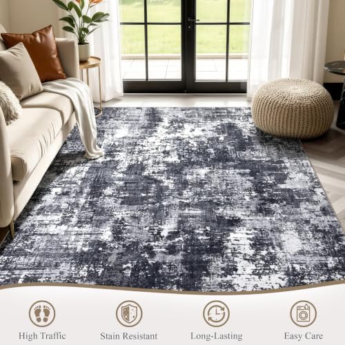 Sasttie 6x9 Washable Area Rug, Modern Abstract Carpet, Black & White