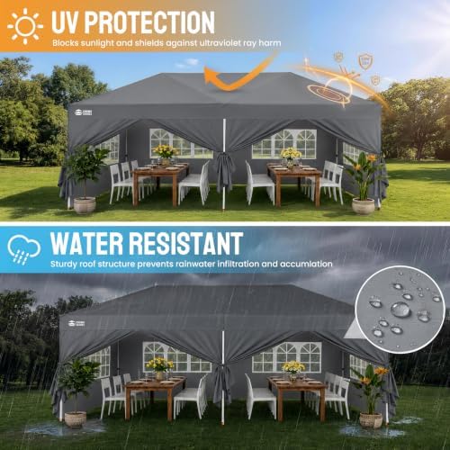 CROWN SHADES 10X20 Pop Up Canopy Tent with Sidewalls, Instant Setup, Gray