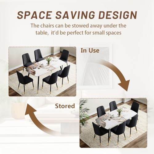 7 Piece Dining Table Set, Dinner Table Set for 6, Sintered Stone Kitchen Table Top and Modern Chairs Set of 6 for Kitchen Dining Room