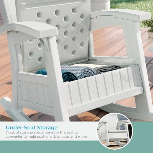 Suncast Outdoor Patio Rocking Chair with 7 Gal. of Under-Seat Storage, Stylish Faux Wood Outdoor Rocker for Patios, Ice Cube
