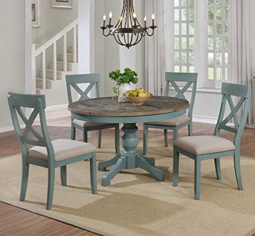 Roundhill Furniture Prato 5-Piece Round Dining Table Set with Cross Back Chairs, Antique Blue and Weathered Walnut