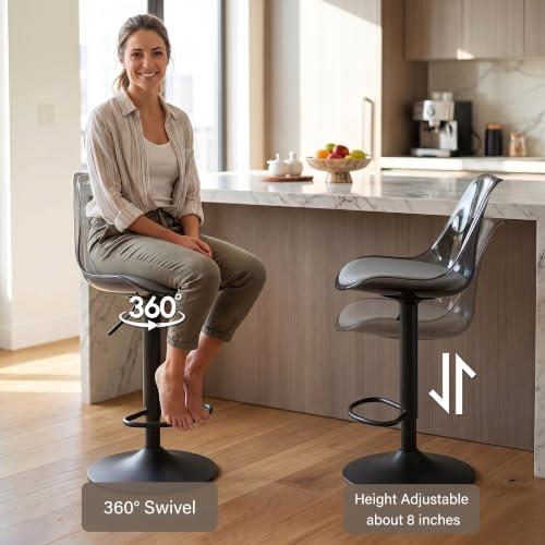 Clear Bar Stools Set of 2, Adjustable Swivel Counter Height Stools, Grey