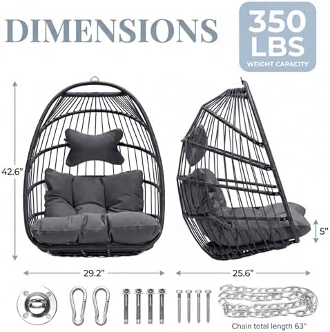 Nicesoul Foldable Space-Saving Hanging Egg Chair No Stand, 350lbs Reinforced Frame with Swing Design, Deep Seat with Thick Cushion, UV-Resistant Outdoor Indoor Use for Balcony Patio, Dark Grey