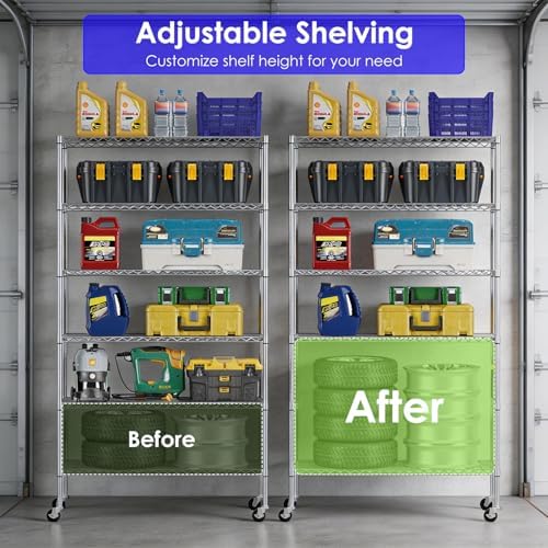 FDW | 6-Tier Wire Shelf with Wheels | 45" x 18" x 82" | Chrome