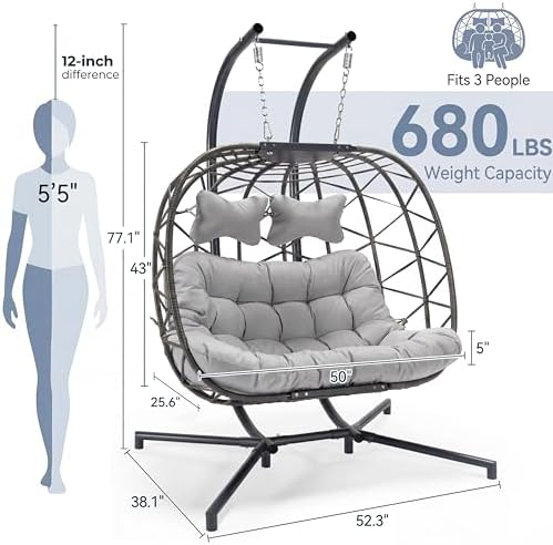 NICESOUL 2 Person Hanging Egg Chair Outdoor with Stand, Wide & Large Comfy Pumpkin Shape Double Swing Hammock Chairs with Thick Cushion, Heavy Duty All-Weather Egg Loveseat for Indoor Outdoor, Grey