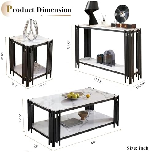Elegant Marble Coffee Table Set of 4 White Faux Marble Coffee Table Console Table 2 End Table Set with Black Metal Frame 4 Piece Living Room Table Set for Apartment Home Office
