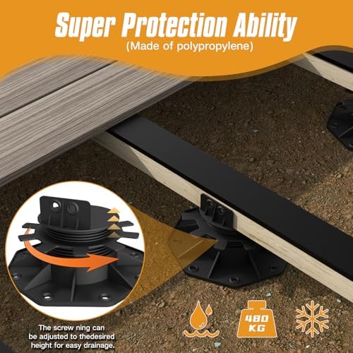 Deckit 24-Pack Adjustable Deck Support Pedestals, 1.18"–2.36" (30–60 mm), for 2×4 & 2×6 Joist Framing, Ground Support & Leveling for Patio, Shed Base & Floating Deck，Includes Screws。