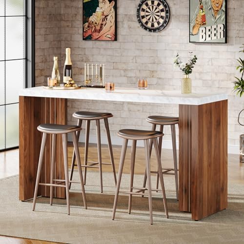 Tribesigns 55.12-Inch Bar Table, Modern Counter Height Pub Table with a Faux Marble Tabletop, Rectangular Home Coffee Bar Unit for Kitchen, Dining Room, Living Room, Balcony, Basement, Walnut & White