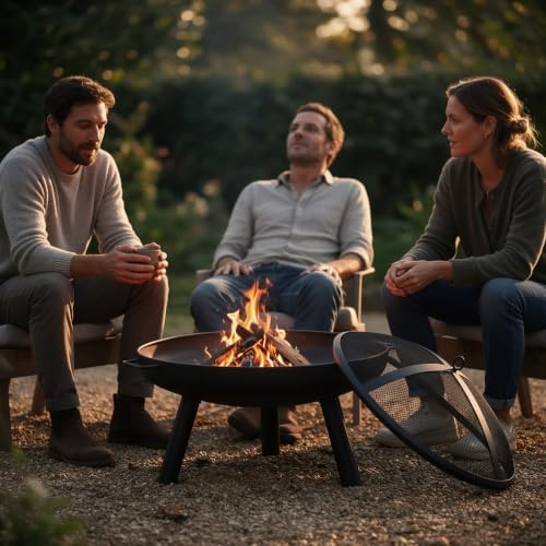 23inch Portable Fire Pit with Fire Poker and Spark Screen, 2 in 1 Small Round Outdoor Fireplace for Outside Heating, Bonfire Party, Camping, Backyard, Patio, Garden, RV Trip