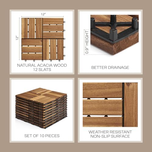 THYOI Premium Deck Tiles, 10 Pcs Patio Flooring - Golden Teak - Round Joint