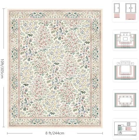 8x10 Area Rugs, Machine Washable Low Pile Floral Rugs for Living Room, Bedroom, Large Boho Area Rug with Non-Slip Backing for Dining Room(Pink Floral)