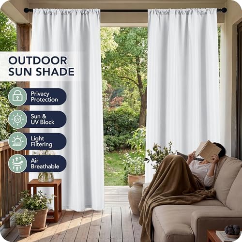 White Outdoor Curtains for Patio Waterproof, 8 Panels, Rod Pocket