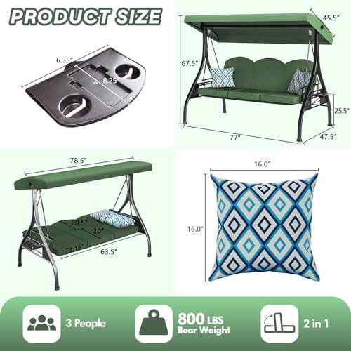ZZW 3 Seat Outdoor Porch Patio Swing with Stand 800lbs 2-in-1 Convertible Swing Bed with Adjustable Canopy & Removable Cushion for Yard Garden Deck (Green, Square Tube)