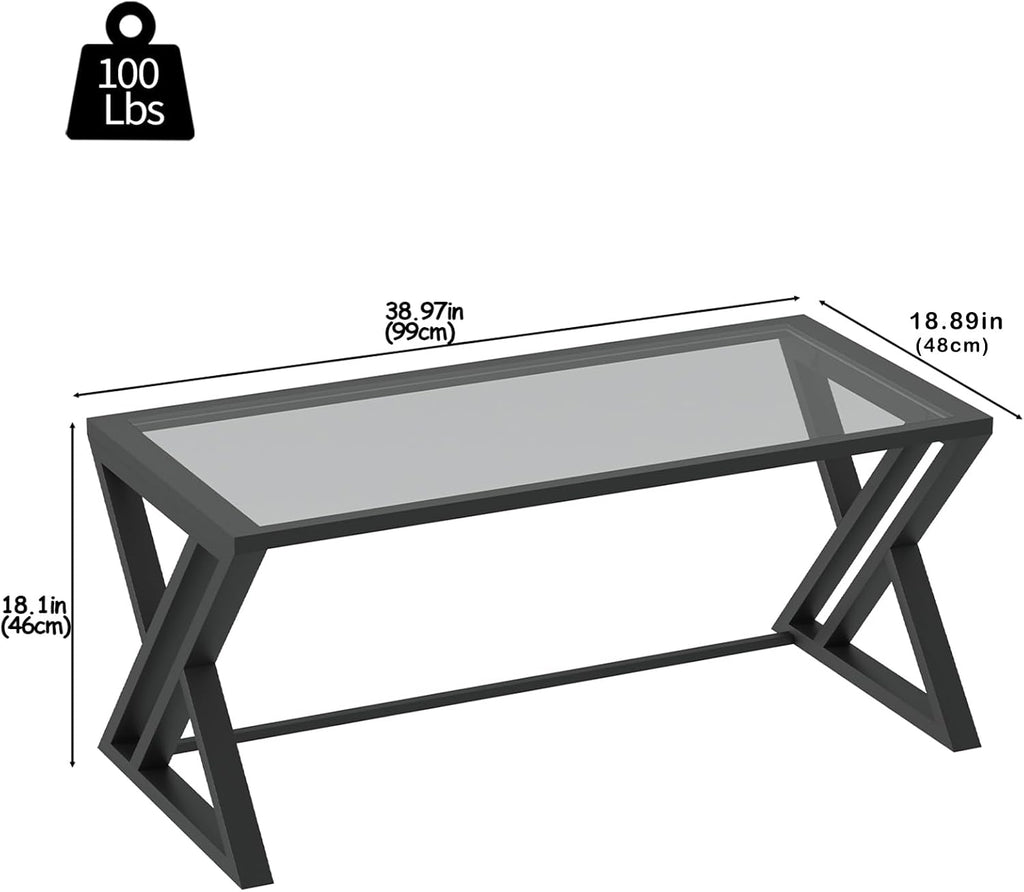 Wolawu Coffee Table Grey Glass Coffee Table for Living Room,Modern Rectangular Center Table with Sturdy Metal Frame,Tempered Glass Tables for Bedroom Home Office
