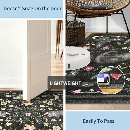 GarveeHome 5x7 Cat Area Rug Black Washable Rugs for Living Room Bedroom, Soft Mushroom Floral Low Pile Non Slip Floor Mat Animal Print Throw Rug Indoor Carpet for Dorm Playroom Gothic Decor
