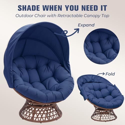GTPLAYER Outdoor Wicker Egg Chair PE Rattan Chair with Cushion, Oversized Patio Lounge Chair with Canopy Papasan Chair 360° Swivel Base for Outdoor, Indoor, Balcony, Backyard, Garden, Blue