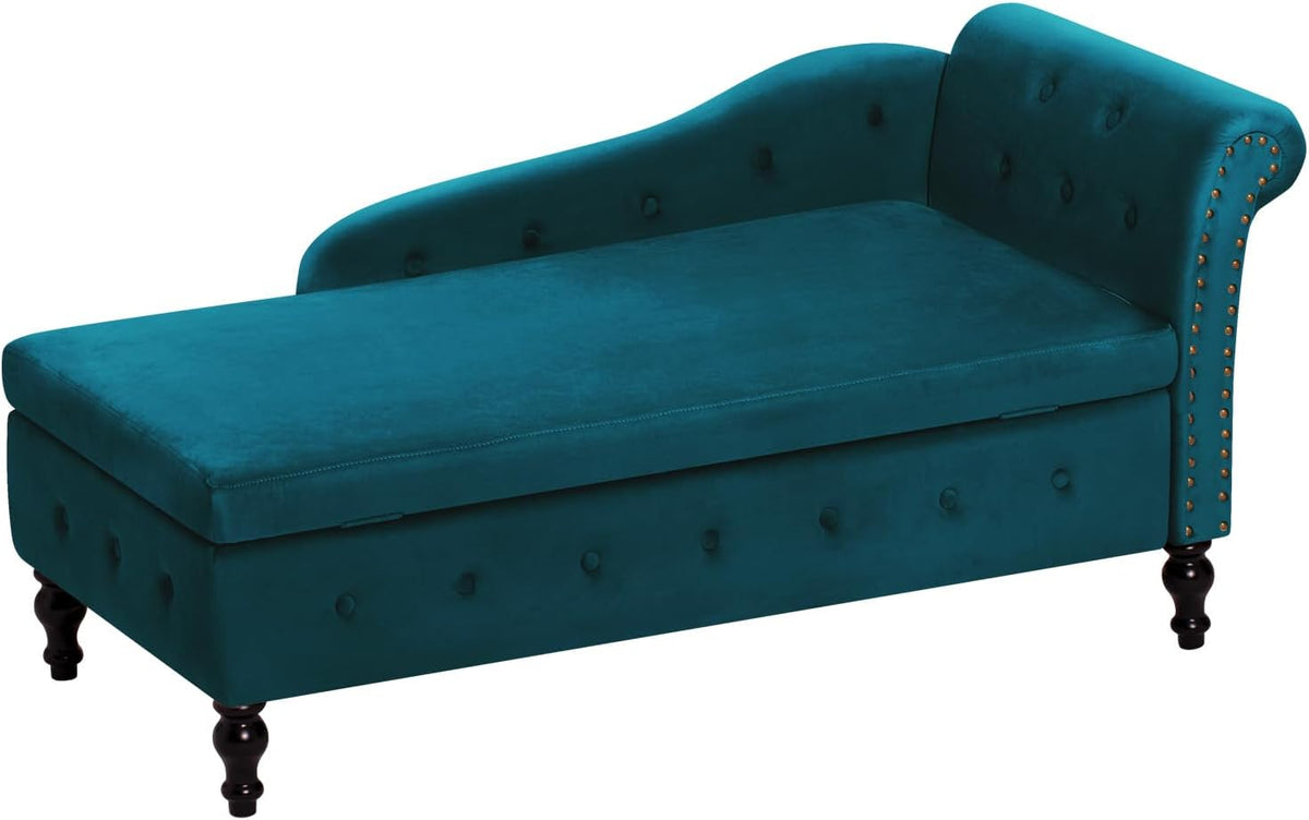 Velvet Chaise Lounge w/Right Armrest & Storage Space, Teal
