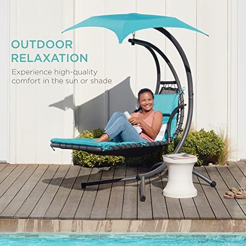 Best Choice Products Outdoor Hanging Curved Steel Chaise Lounge Chair Swing w/Built-in Pillow and Removable Canopy - Teal