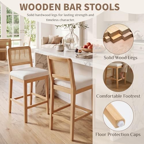 HNY Rattan Counter Bar Stools Set of 4, Farmhouse Bar Stools with Back and Wood Legs, Upholstered Mid Century Modern Fabric Barstools Breakfast Island Chairs for Kitchen Island - White/ 26"