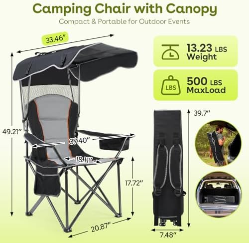 Suteck Camping Chair with Canopy Shade, Folding Outdoor Beach Chairs,Black