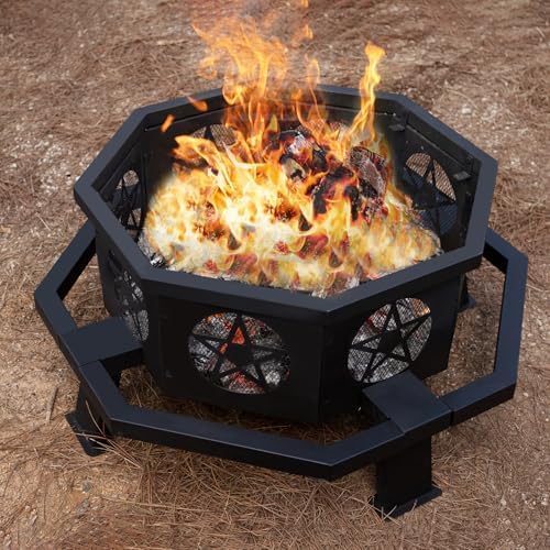 Verdeluxe 32 Inch Outdoor Octagonal Fire Pit with Fire Poker Black
