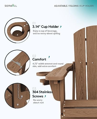 SERWALL Folding Adjustable Adirondack Chairs Set of 2, Cup Holders, Brown