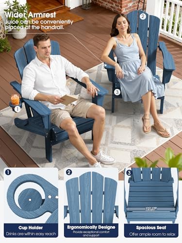 KINGYES Folding Adirondack Chair Set of 2 with Cup Holder, Navy