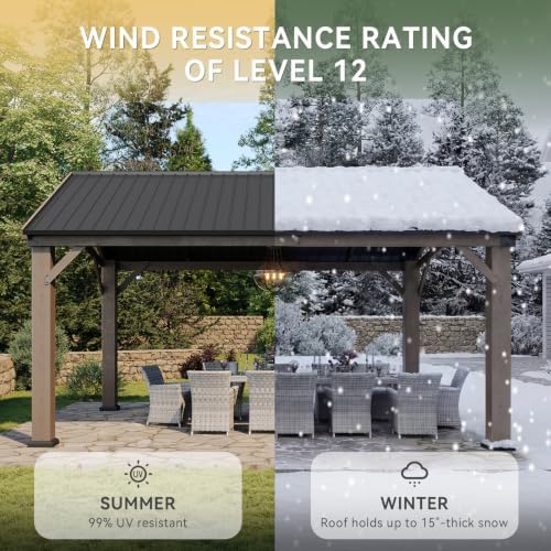 Aoxun 12' x 16' Wood Gazebo with Galvanized Steel Gable Roof, Gray