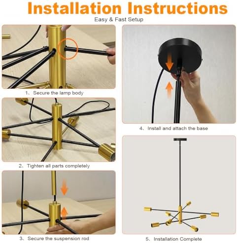 8 light sputnik chandelier, mid century modern adjustable, package contents