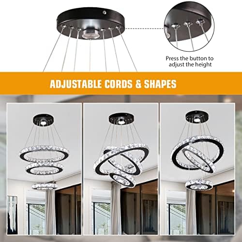 3-Ring Adjustable Height Crystal Chandelier Cool White