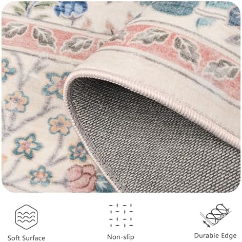 8x10 Area Rugs, Machine Washable Low Pile Floral Rugs for Living Room, Bedroom, Large Boho Area Rug with Non-Slip Backing for Dining Room(Pink Floral)