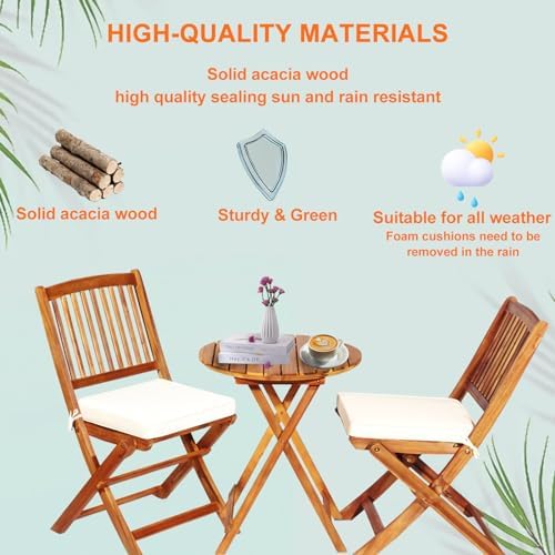 S AFSTAR Bistro Table and Chairs Set of 2, Acacia Wood Folding Bistro Set for 2 with Detachable Soft Cushions, 3PC Outdoor Wood Bistro Set for Patio, Balcony, Garden & Yard (Natural Color)