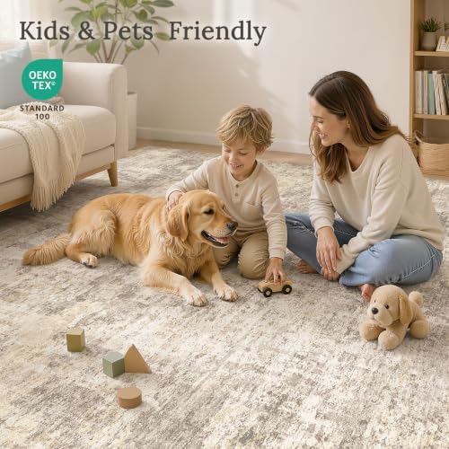 cotiled 9x12 Area Rug for Living Room: Washable Soft Abstract Rugs Beige