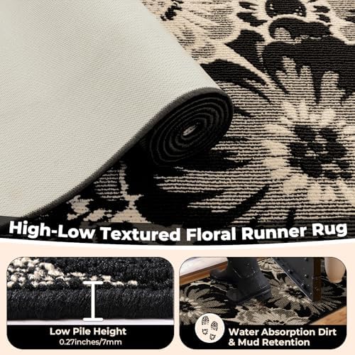 Findosom Hallway Runner Rug 2x8, Non Slip High-Low Textured Floral Washable Runner Rug with Rubber Backing, Boho Carpet Runner for Kitchen, Entryway, Bedroom, Laundry, Black & Beige
