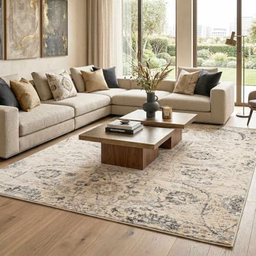 Hauteloom Obsidian Rustic Farmhouse Living Room Bedroom Dining Room Large Area Rug - Style - Traditional Floral Look - Bluish Medium Grey, Beige, Light Brown, Cream, Black - 8'10" x 12'