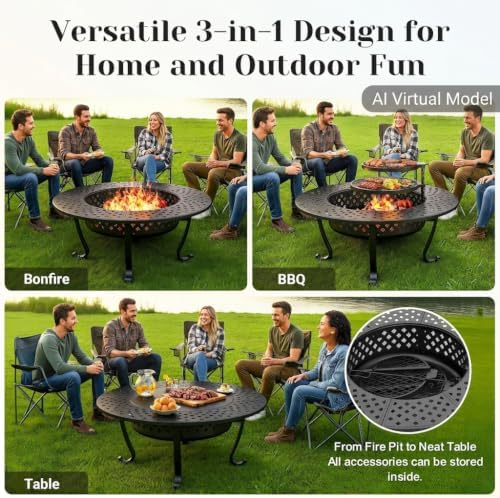 43" Fire Pit, 3 in 1 Firepit with Adjustable 2 Grills for Patio, Party