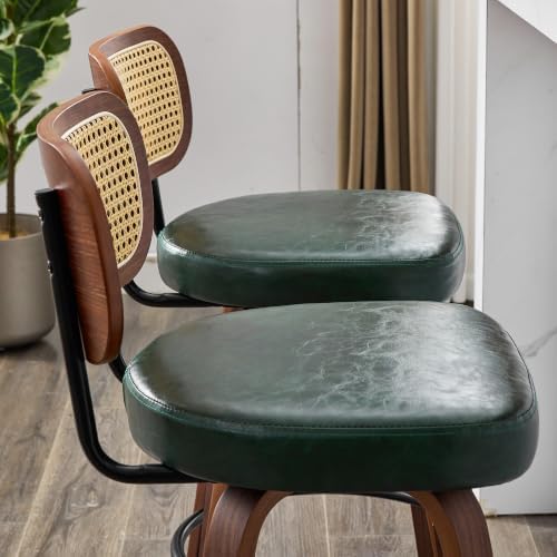 Rattan Bar Stools Set of 2,Upholstered PU Leather, 30''Counter Height Barstools with Back and Wood Legs,360°Swivel,Mid-Century Modern Bar Stool for Kitchen Island Dining Room and Bar(Vintage Green)