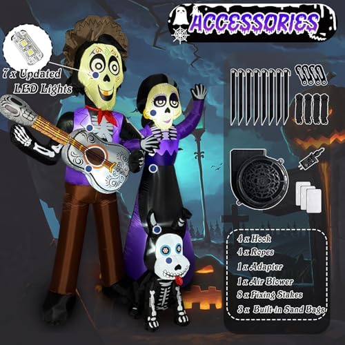 6 FT Halloween Inflatables Decoration, Blow Up Yard Decorations, Day of The Dead Spooky Sugar Skull Couple Guitar and Skeleton Dog, Dia De Los Muertos Décor with Built-in LED for Outdoor