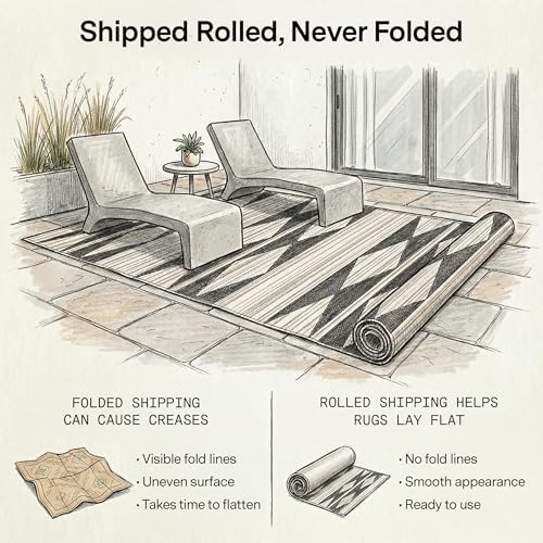 Fab Habitat Outdoor Rug - Waterproof, Fade Resistant, Crease-Free - Premium Recycled Plastic - Neutral Geometric Tribal - Patio, Porch, Deck, Balcony - Cairo - Natural & Black - 5 x 8 ft