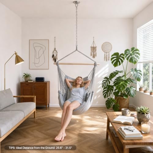 Athena Collection Hammock Chair Hanging Rope Swing, Gray