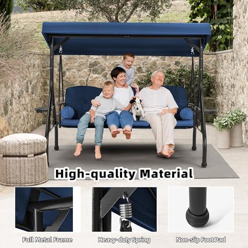 HOMREST 3 Seat Porch Swing with Adjustable Canopy, Patio Swing with Stand
