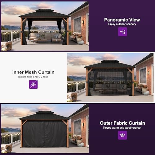 PURPLE LEAF Gazebo 10' x 12' with Light, Curtain and Netting, Wood Grain