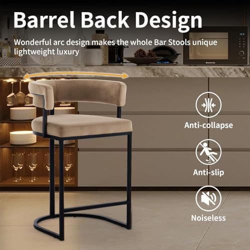 Set of 2 Brown Modern Velvet Bar Stools with Barrel Backrest, Upholstered Seat, and Black Metal Footrest – 25.6-Inch Seat Height, Ideal for Counters, Home Bars, and Kitchen Islands